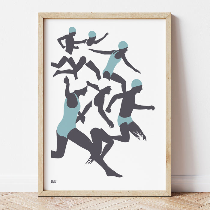 'The Swimmers' Illustrated Art Print in Coastal Blue