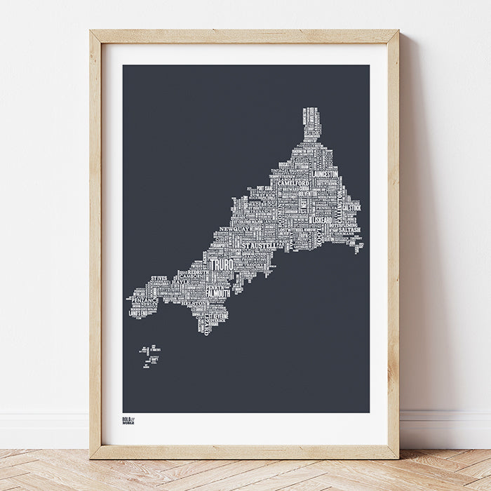 'Cornwall' Type Map Print in Sheer Slate