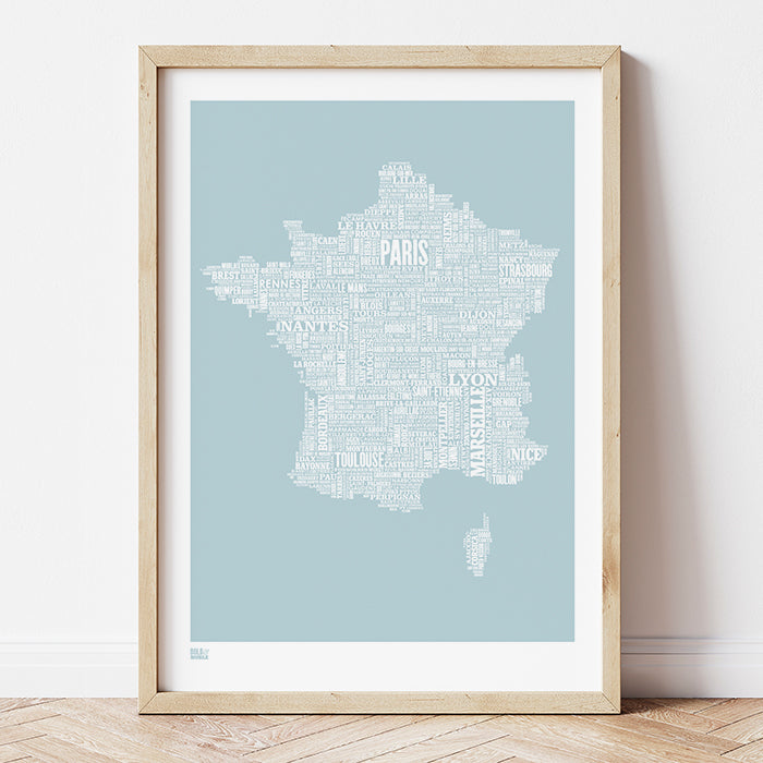 'France' Type Map Print in Duck Egg Blue