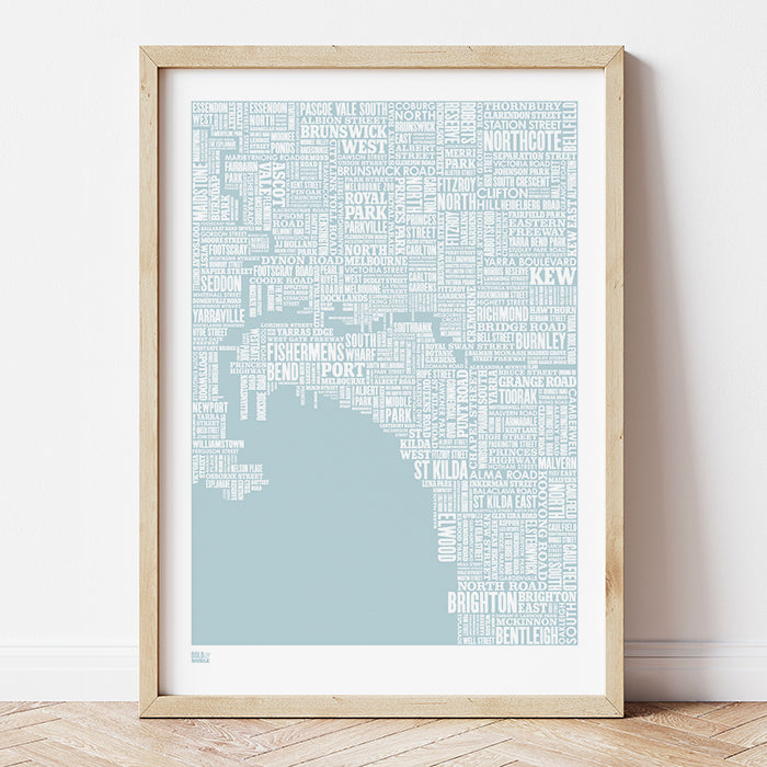 'Melbourne' Type Map Print in Duck Egg Blue
