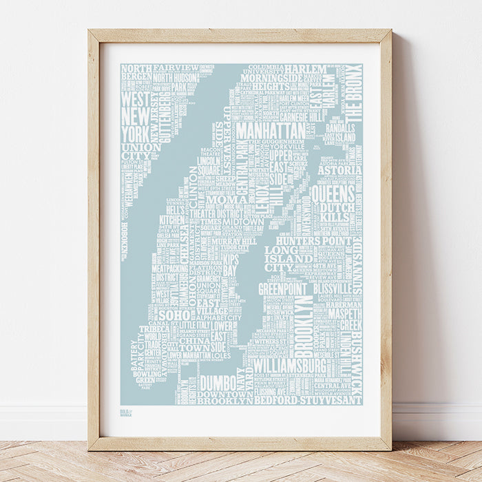 'New York City' Type Map Print in Duck Egg Blue