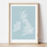'UK and Ireland' Type Map Print in Duck Egg Blue