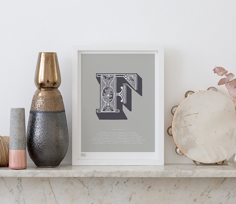 Pictures and Wall Art, Screen Printed Illustrated Letter F design in putty grey