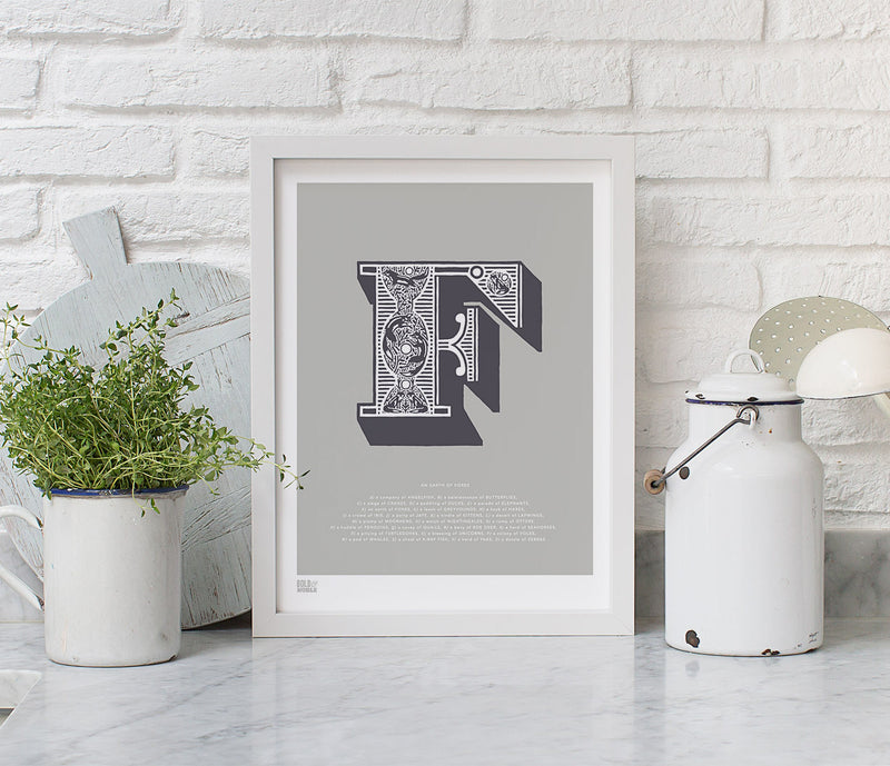 Wall Art Ideas: Economical Screen Prints, Illustrated Letter F printed in putty grey