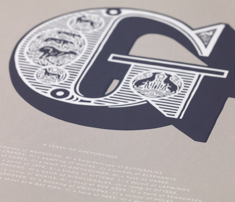 Close up of Illustrated Letter G in putty grey