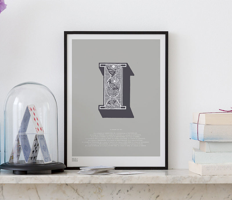 Pictures and Wall Art, Screen Printed Illustrated Letter I design in putty grey