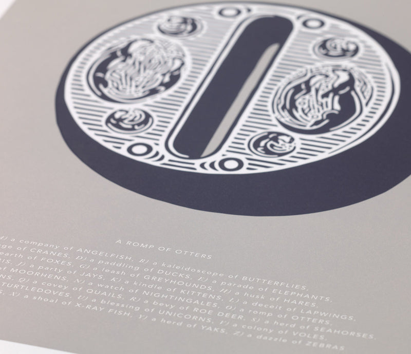 Close up of Illustrated Letter O in putty grey