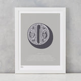 Illustrated Letter O in putty grey, screen printed on recycled card, deliver worldwide