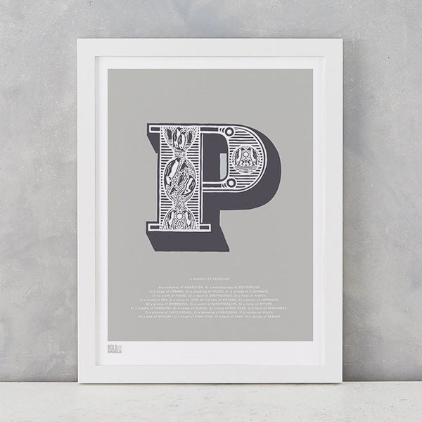 Illustrated Letter P in putty grey, screen printed on recycled card, deliver worldwide