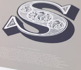 Close up of Illustrated Letter S in putty grey