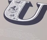 Close up of Illustrated Letter U in putty grey