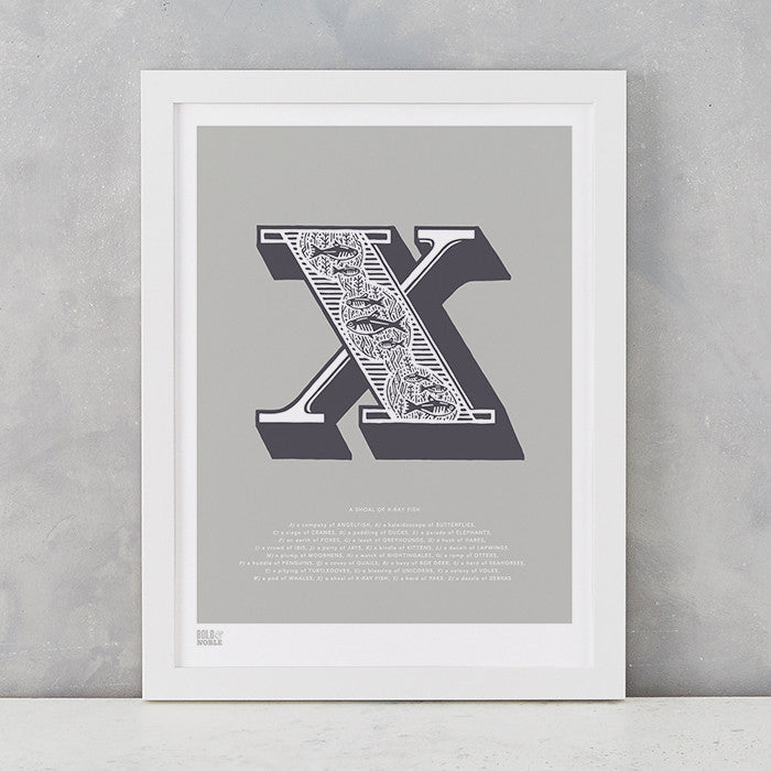 Illustrated Letter X in putty grey, screen printed on recycled card, deliver worldwide