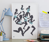 'The Runners' Illustrated Art Print in Coastal Blue