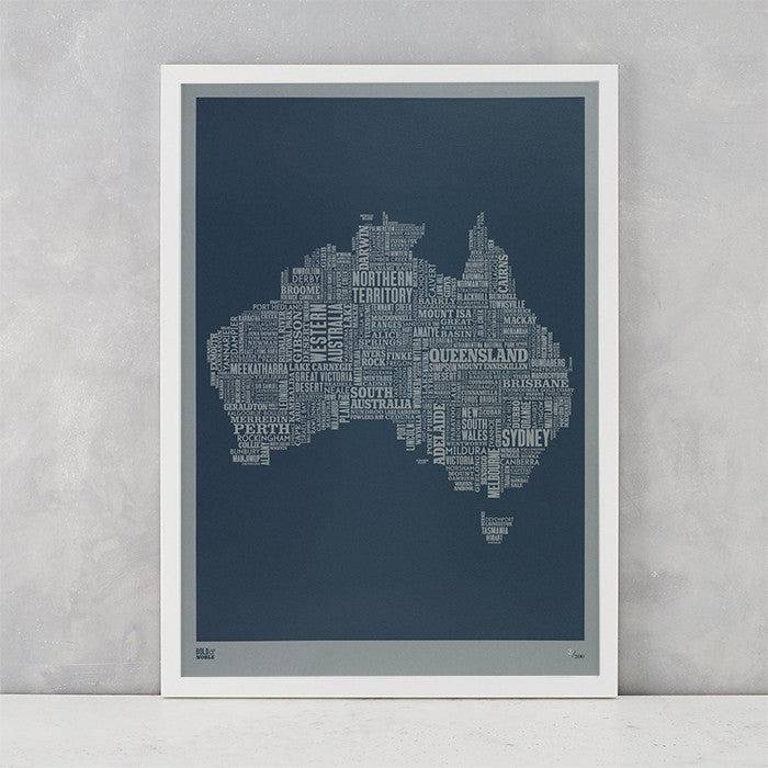 Australia Type Map screen print in slate grey on grey card, limited edition print, delivered worldwide