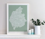 Wall art ideas, economical screen prints, Cumbria type map in seafoam green