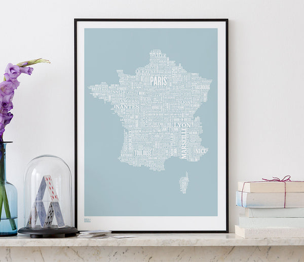 Pictures and Wall Art, Screen Printed France Type Map in Duck Egg Blue