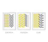 Geometric Set of 3 Wall Art Designs, Printed in the UK, Printed in Yellow and Grey