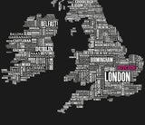 Close Up of UK Map limited edition print in black with 'Hitchin' in pink, screen printed on recycled paper, delivered worldwide