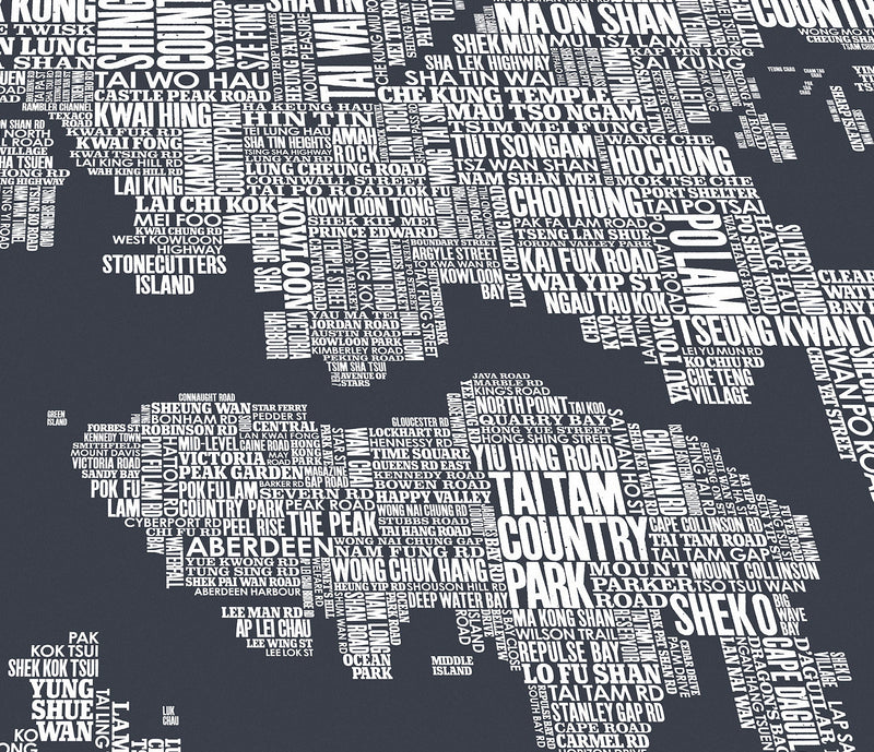 Close up of Hong Kong Type Map in Sheer Slate, screen printed poster