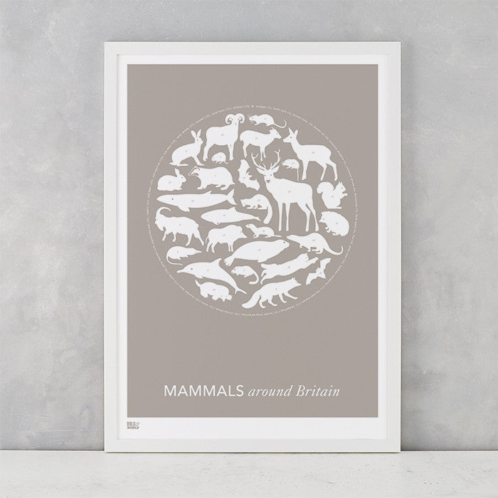 Mammals Around Britain Print in Warm Stone, screen printed on recycled paper, deliver worldwide