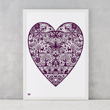 My Heart Print in Dark Mulberry, screen printed on recycled card, deliver worldwide