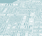 Close up of Norfolk Type Map in Coastal Blue