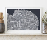 Wordle Norfolk Map Wall Art Print, Screen Printed poster in Dark Grey