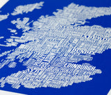 Close up of Scotland Type Map in Blue