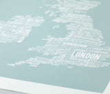 'UK and Ireland' Type Map Print in Duck Egg Blue