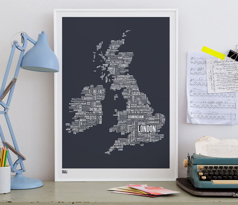 'UK and Ireland' Type Map Print in Sheer Slate
