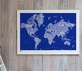 'World' Type Map Print in Reflex Blue