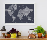 Wordle Map of the World, place names created with different fonts, fits into standard size frames or can be bespoke framed