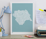 Wordle Map of Yorkshire, place names created with different fonts, fits into standard size frames, or can be bespoke framed