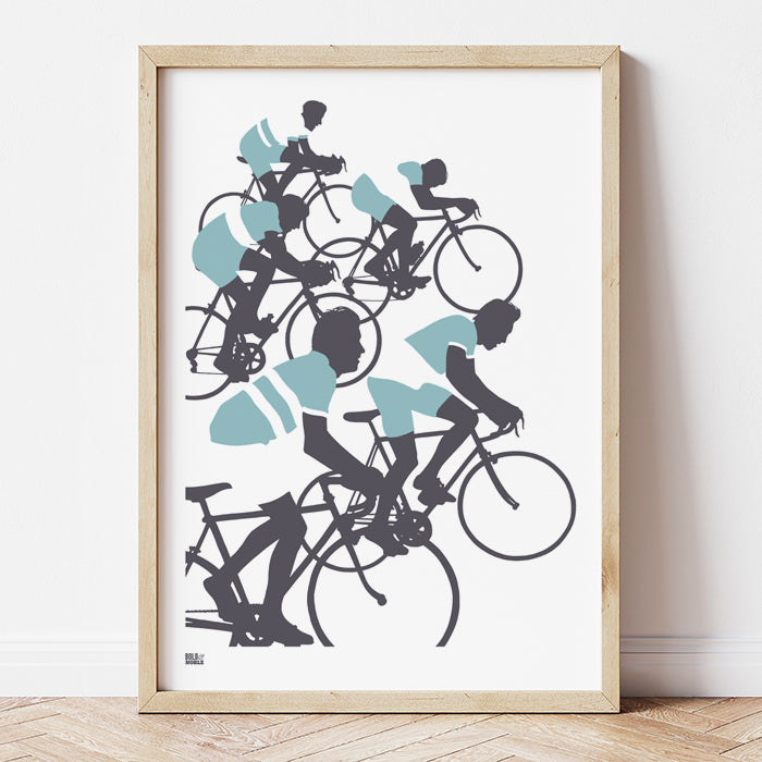 'The Cyclists' Illustrated Art Print in Coastal Blue