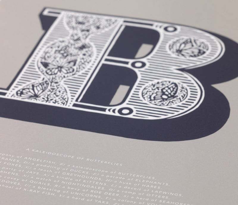 Close up of Illustrated Letter B in putty grey