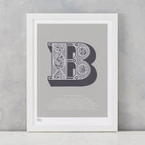 Illustrated Letter B in putty grey, screen printed on recycled card, deliver worldwide