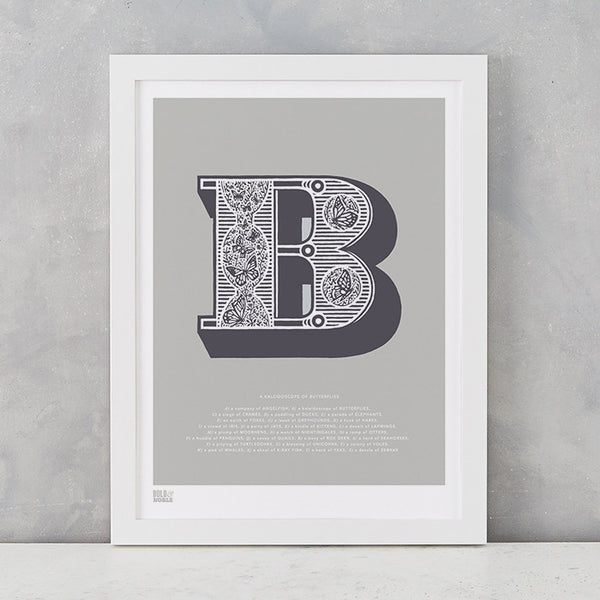 Illustrated Letter B in putty grey, screen printed on recycled card, deliver worldwide
