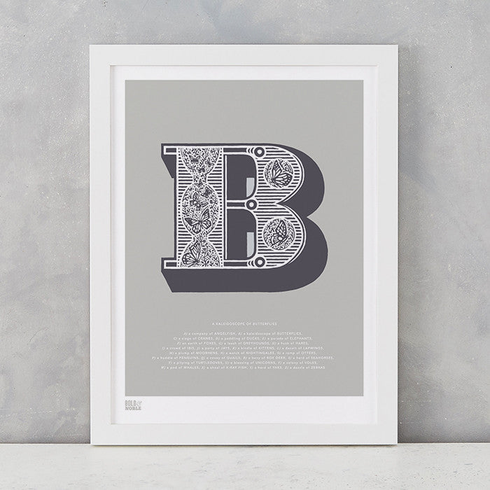 Illustrated Letter B in putty grey, screen printed on recycled card, deliver worldwide