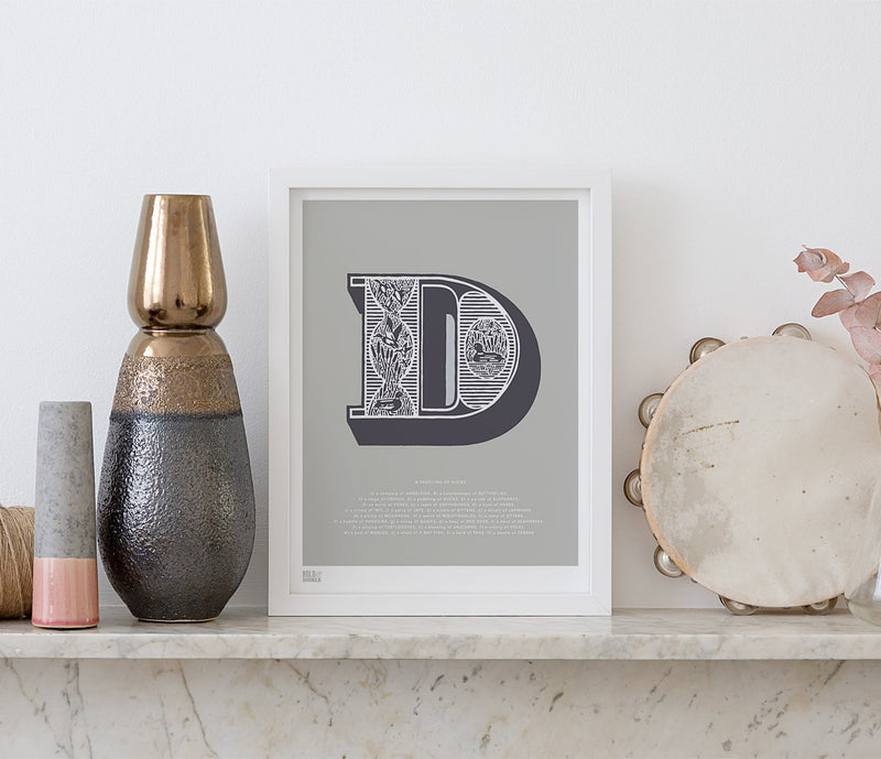 Pictures and Wall Art, Screen Printed Illustrated Letter D design in putty grey