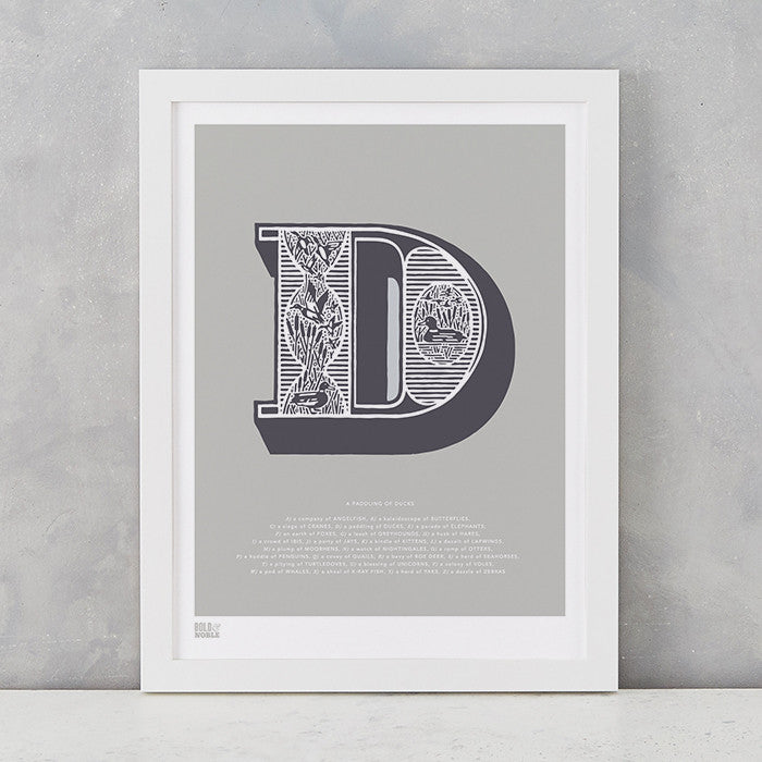 Illustrated Letter D in putty grey, screen printed on recycled card, deliver worldwide