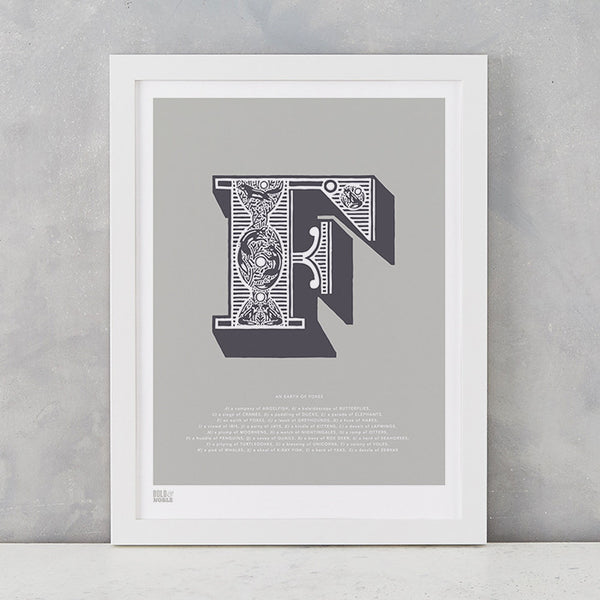Illustrated Letter F in putty grey, screen printed on recycled card, deliver worldwide