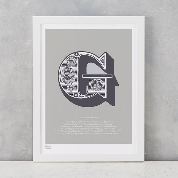 Illustrated Letter G in putty grey, screen printed on recycled card, deliver worldwide