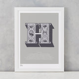 Illustrated Letter H in putty grey, screen printed on recycled card, deliver worldwide