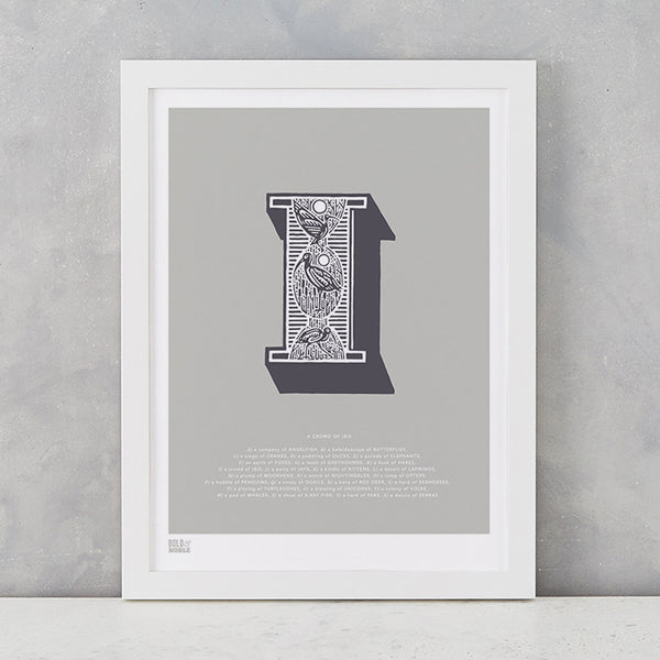 Illustrated Letter I in putty grey, screen printed on recycled card, deliver worldwide