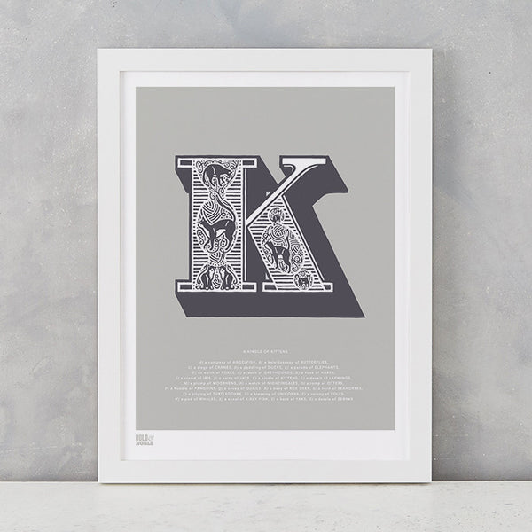 Illustrated Letter K in putty grey, screen printed on recycled card, deliver worldwide