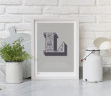Pictures and Wall Art, Screen Printed Illustrated Letter L design in putty grey