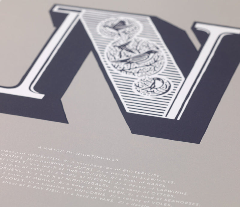 Close up of Illustrated Letter N in putty grey