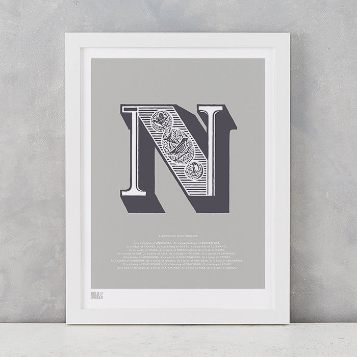Illustrated Letter N in putty grey, screen printed on recycled card, deliver worldwide