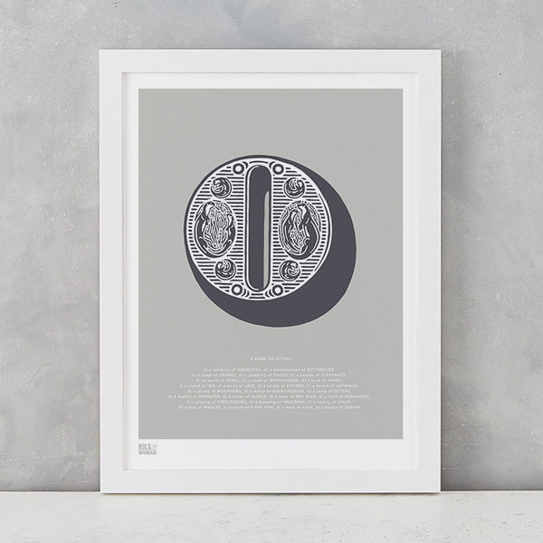 Illustrated Letter O in putty grey, screen printed on recycled card, deliver worldwide