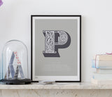 Pictures and Wall Art, Screen Printed Illustrated Letter P design in putty grey